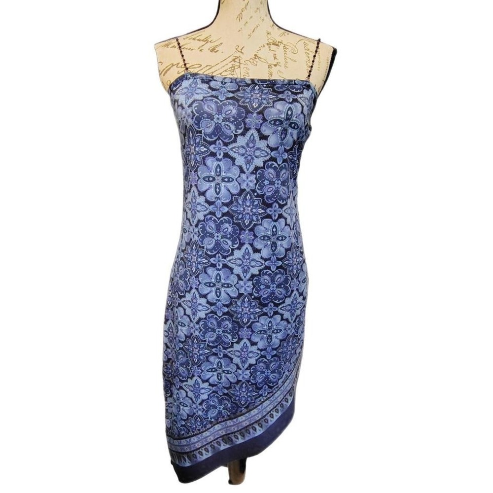 Vintage Y2K Blue Floral Medallion Beaded Strap Midi Dress Large Handkerchief Hem
